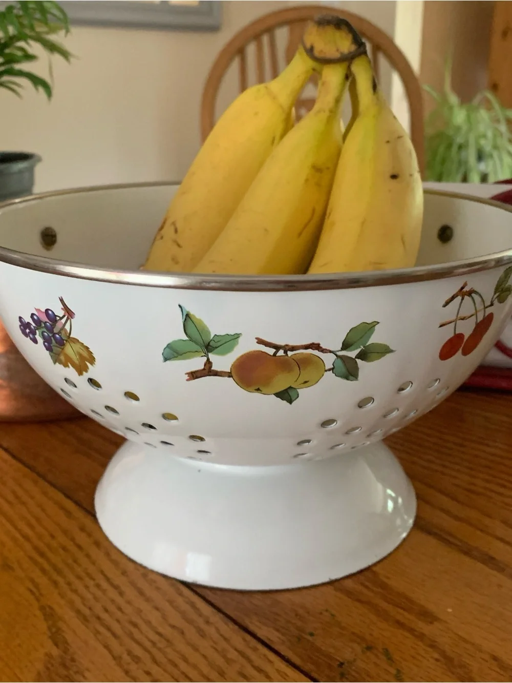 Vintage White Enamel stand Alone Colander with Brass Handles